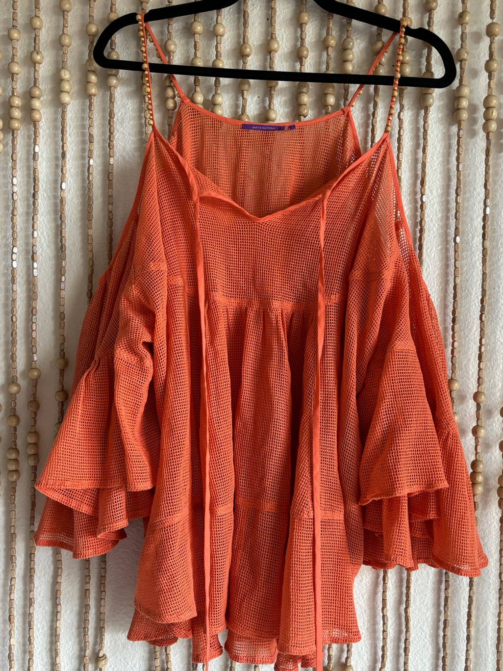Amita Nathani Orange Crochet Knit Boho Euro Beach Ruffle Flowy Open Shoulder Med